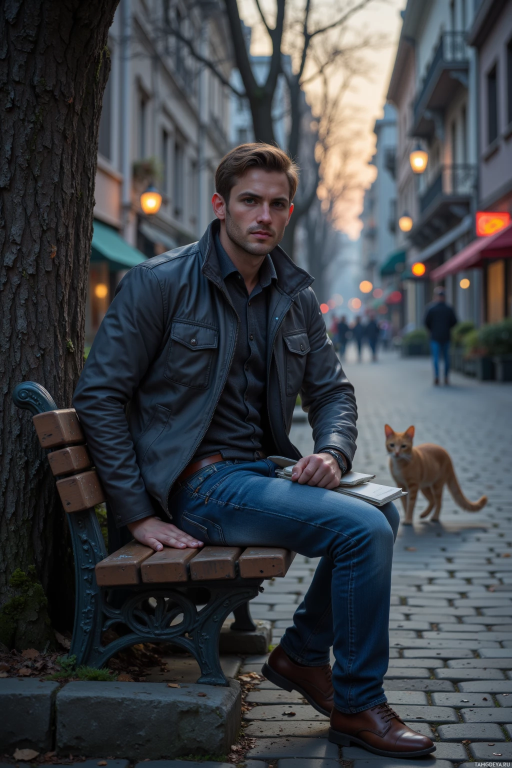 A man sits on a bench in an urban setting, holding a notebook, with a cat walking nearby.