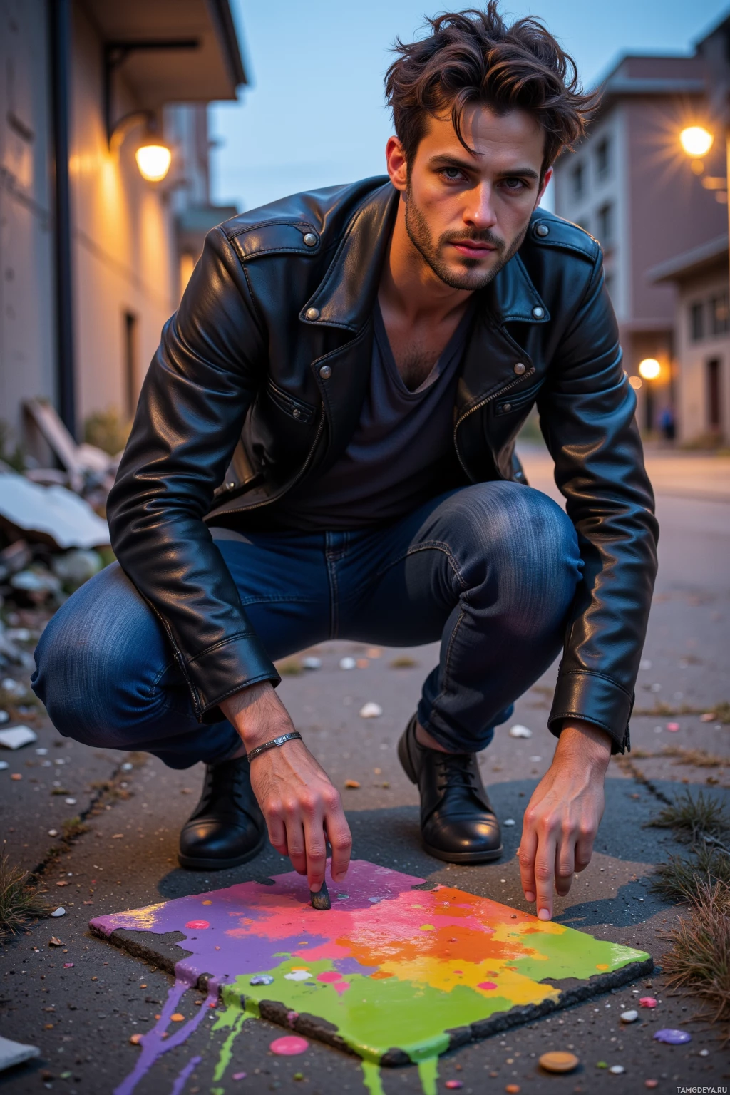 A man in a leather jacket crouches beside a colorful paint splatter on the ground.