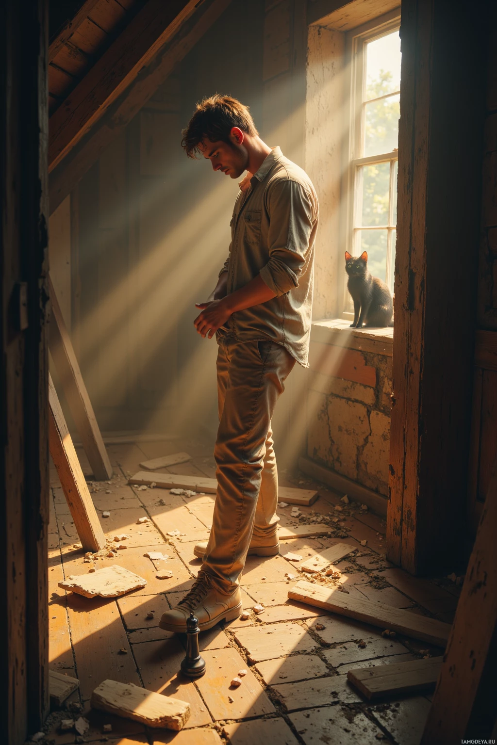 A man stands in a sunlit, dilapidated room with a cat perched on a window sill.