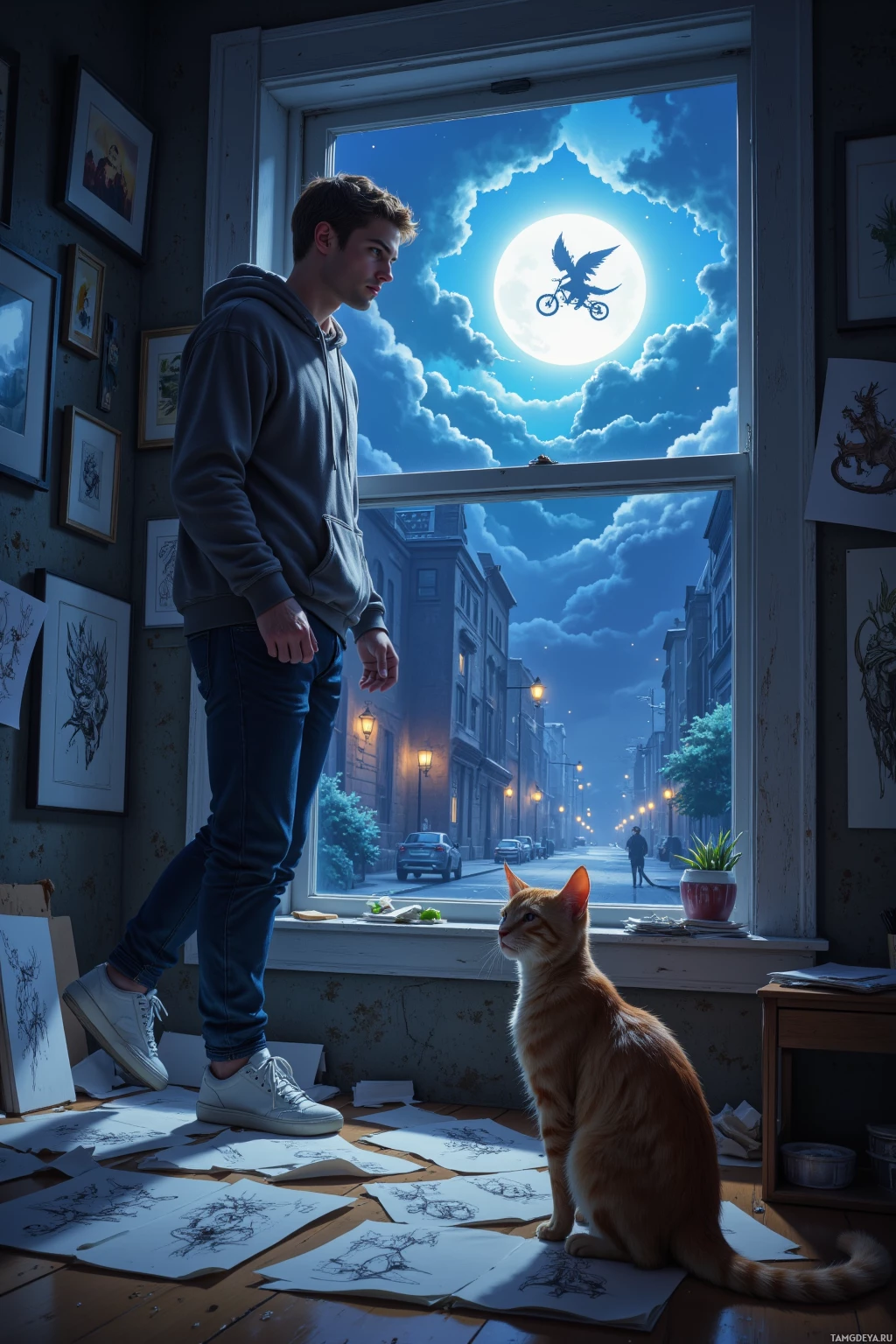 A person stands by an open window in a room filled with sketches and a cat, looking out at a night scene where a figure rides a bike against a full moon.