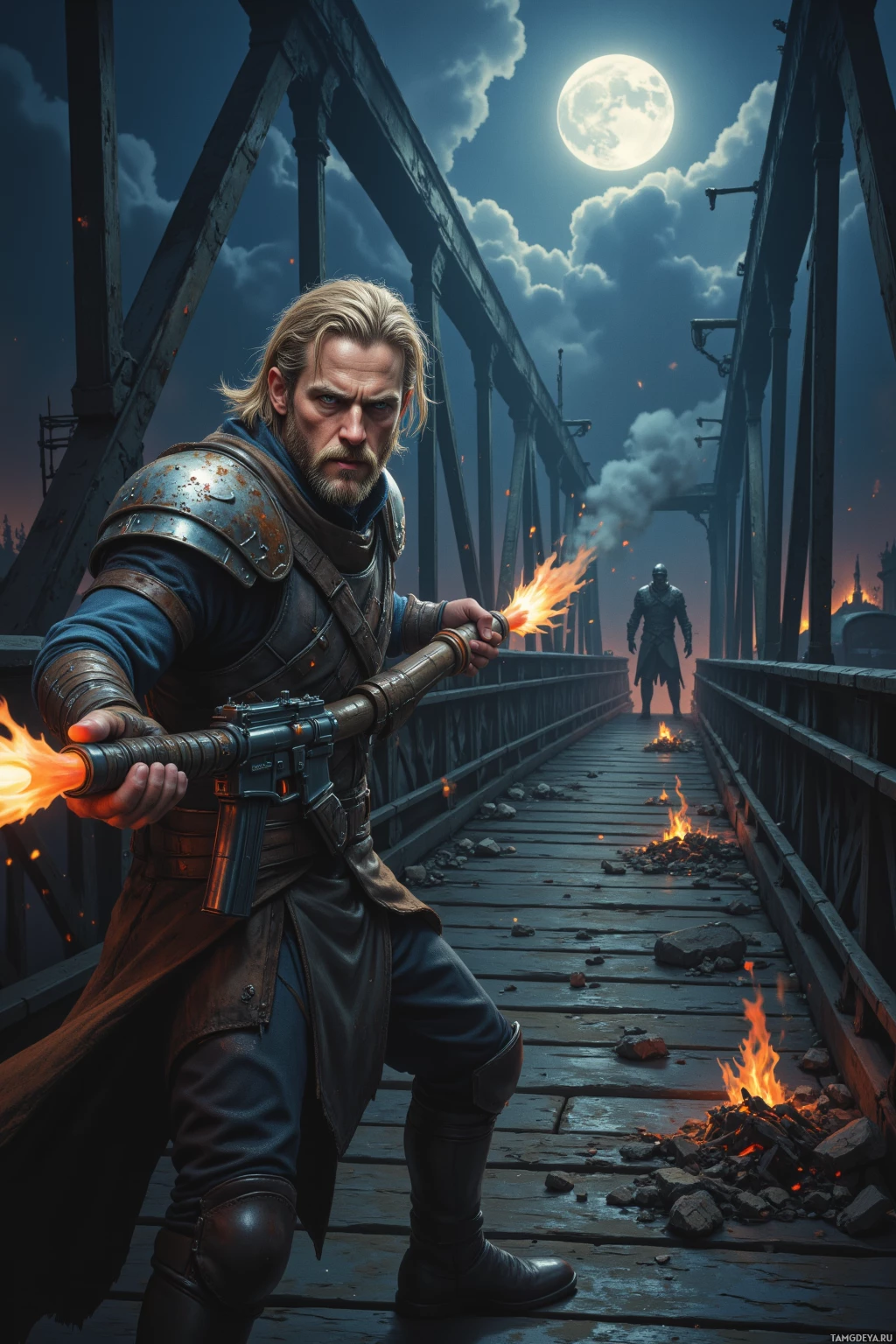 A warrior in armor holds a flaming weapon on a bridge under a full moon.