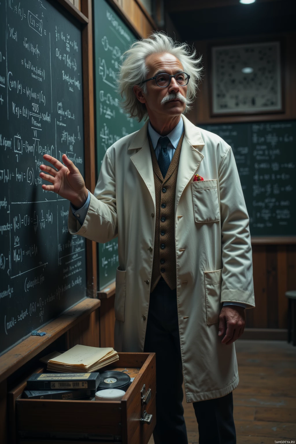 An older man in a lab coat stands in front of a chalkboard filled with mathematical equations.