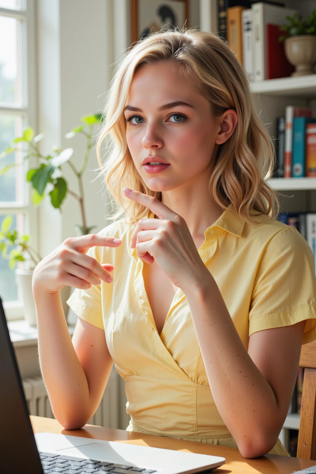 A person in a yellow shirt sits at a desk with a laptop, gesturing thoughtfully.