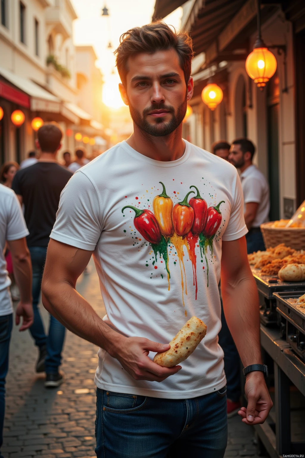 A man stands on a cobblestone street at sunset, wearing a white t-shirt with a colorful pepper design and holding a bread roll.