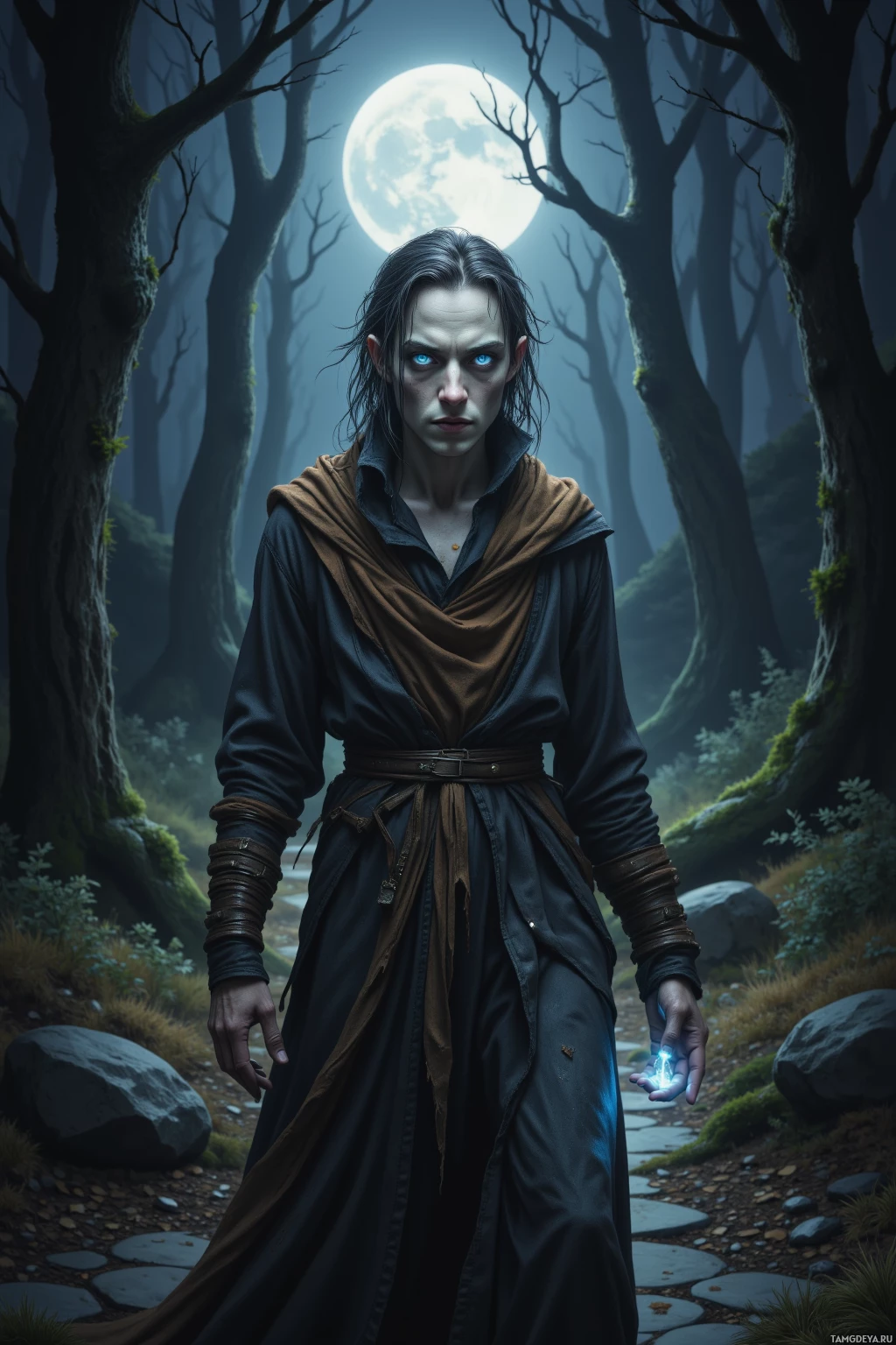 A person in a dark robe stands in a moonlit forest, holding a glowing object in their hand.