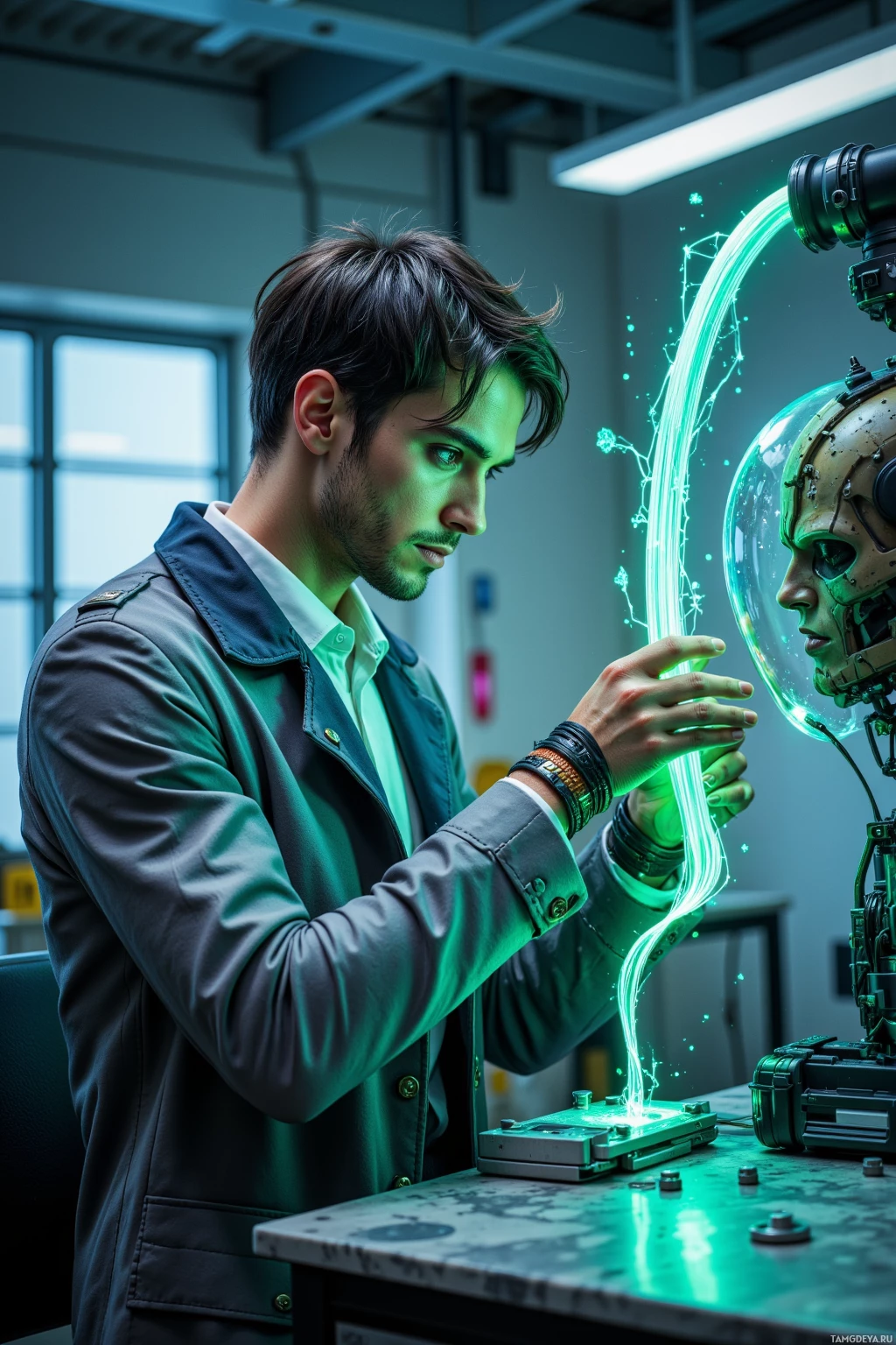 A person in a lab coat interacts with a glowing, futuristic device.