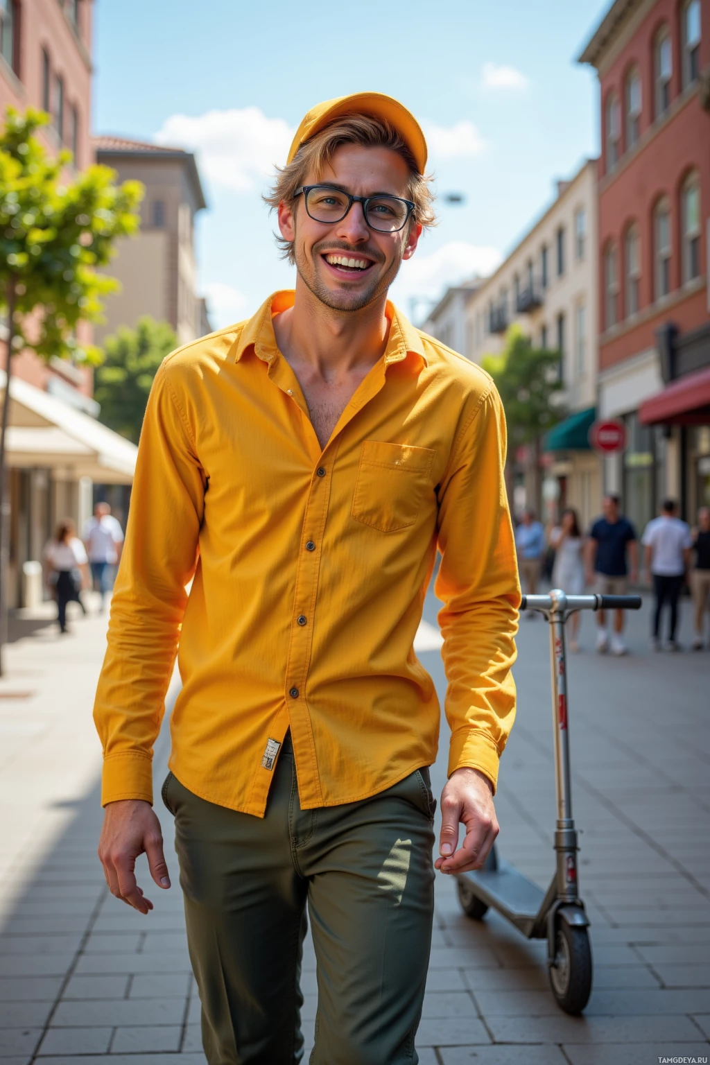 A person wearing a yellow shirt and green pants walks on a city street.