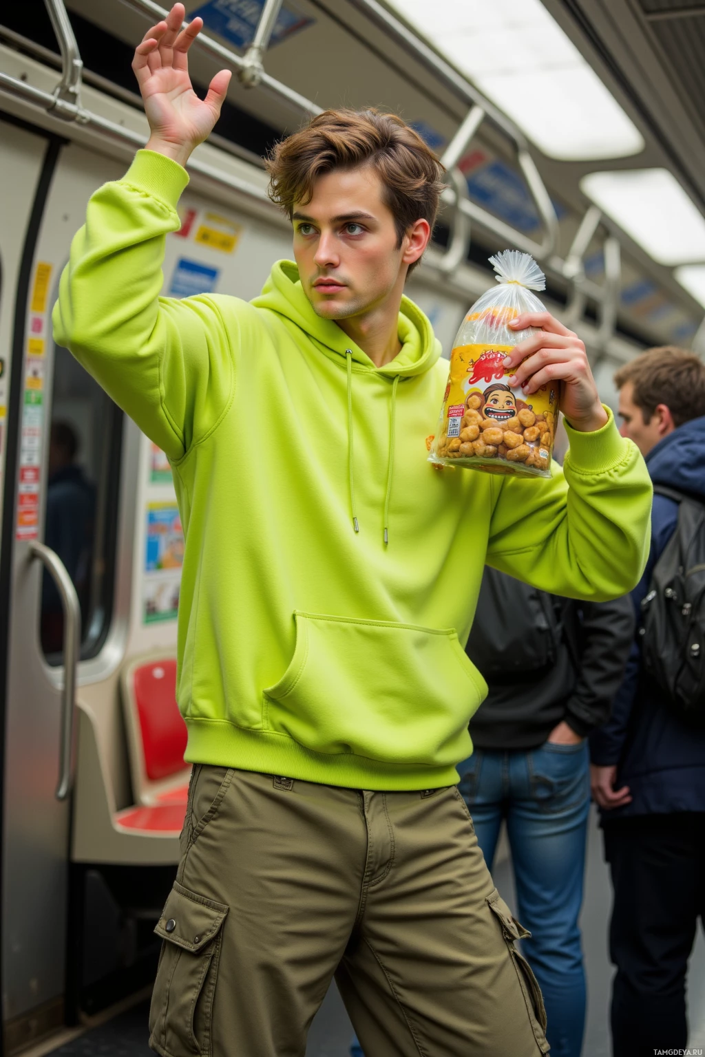 A person in a bright green hoodie and olive cargo pants holds up a bag of snacks while standing on a subway train.