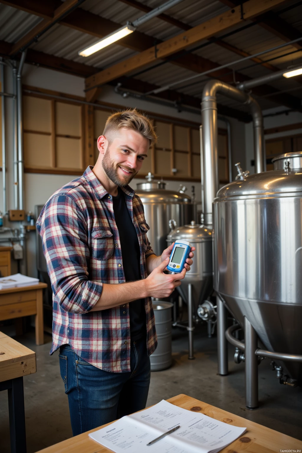 A person in a plaid shirt stands in a brewery, holding a device and smiling.