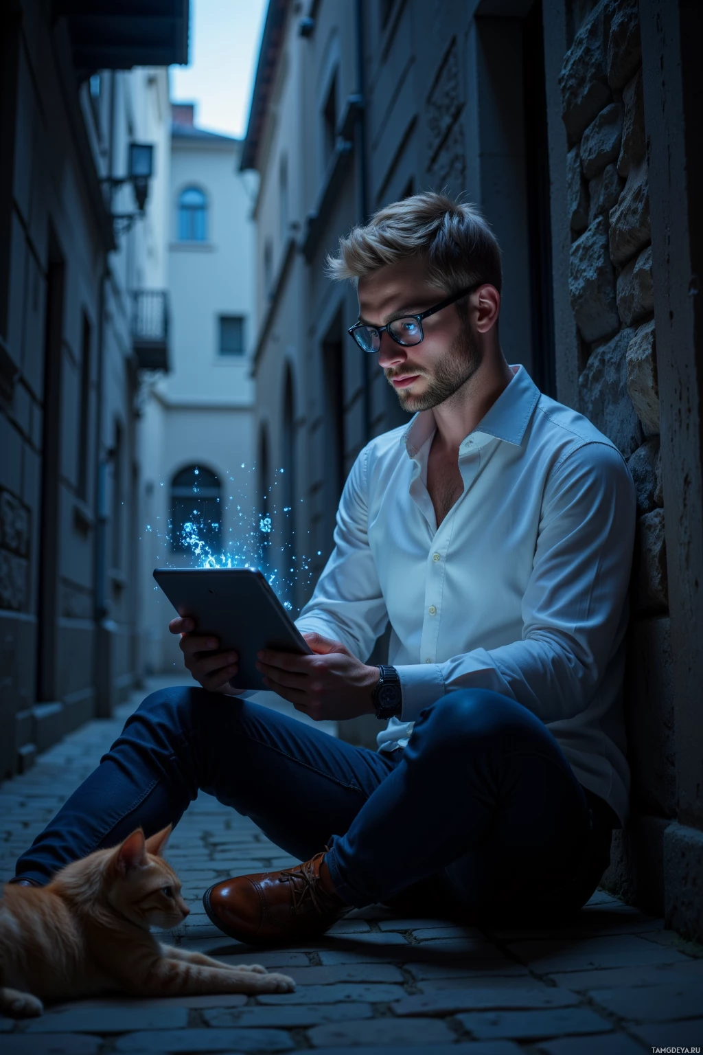 A man sits on a cobblestone street using a tablet with glowing blue light, while an orange cat lies nearby.
