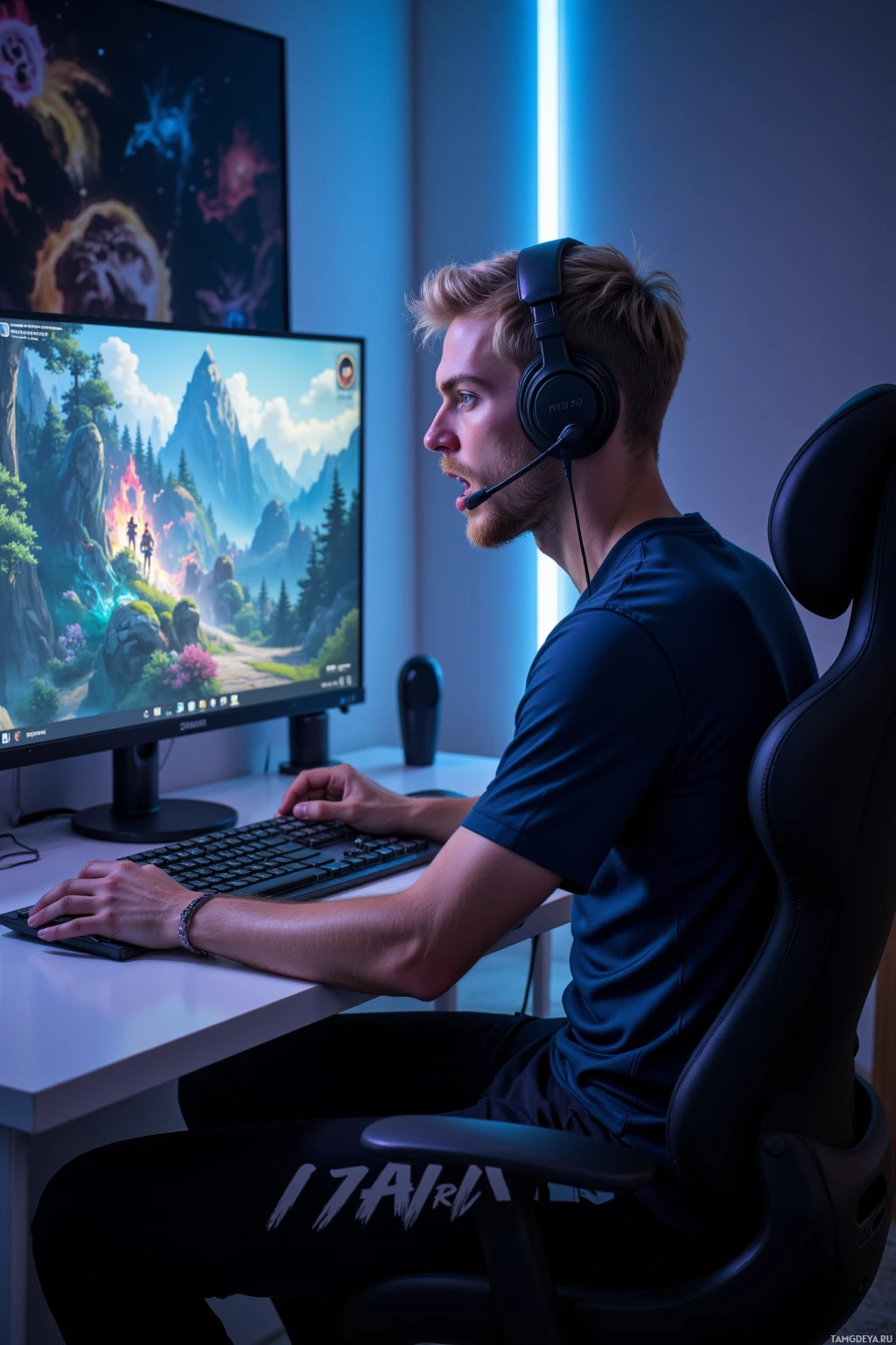 A person is sitting at a desk playing a video game on two monitors in a well-lit room with blue ambient lighting.