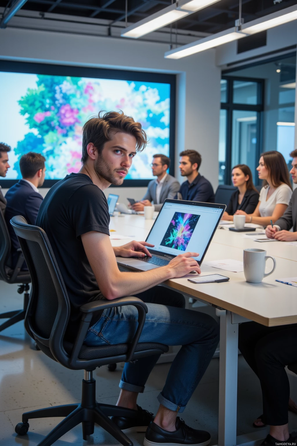 A man sits at a conference table in a modern office, working on a laptop.