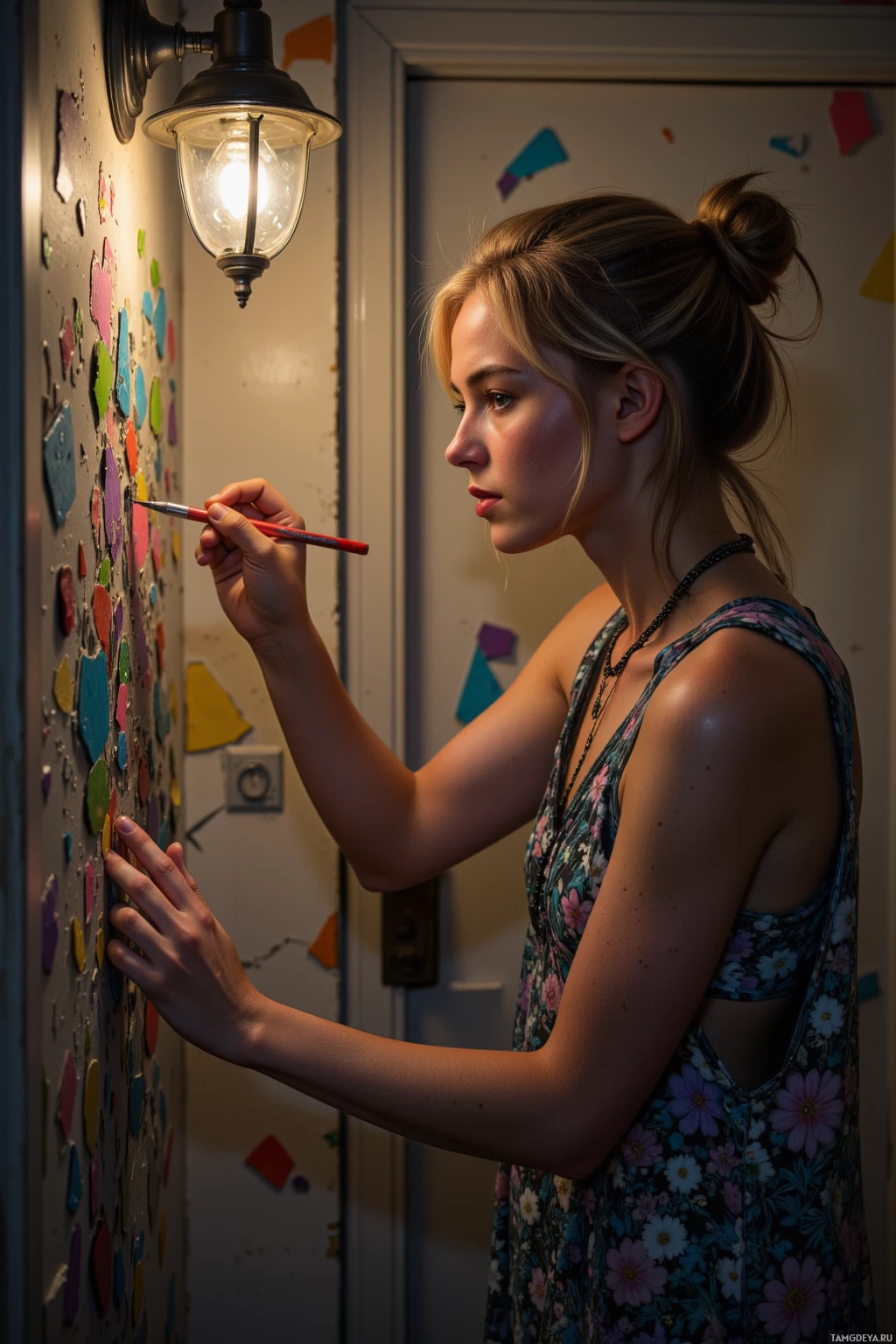A person is painting colorful shapes on a wall under warm lighting.
