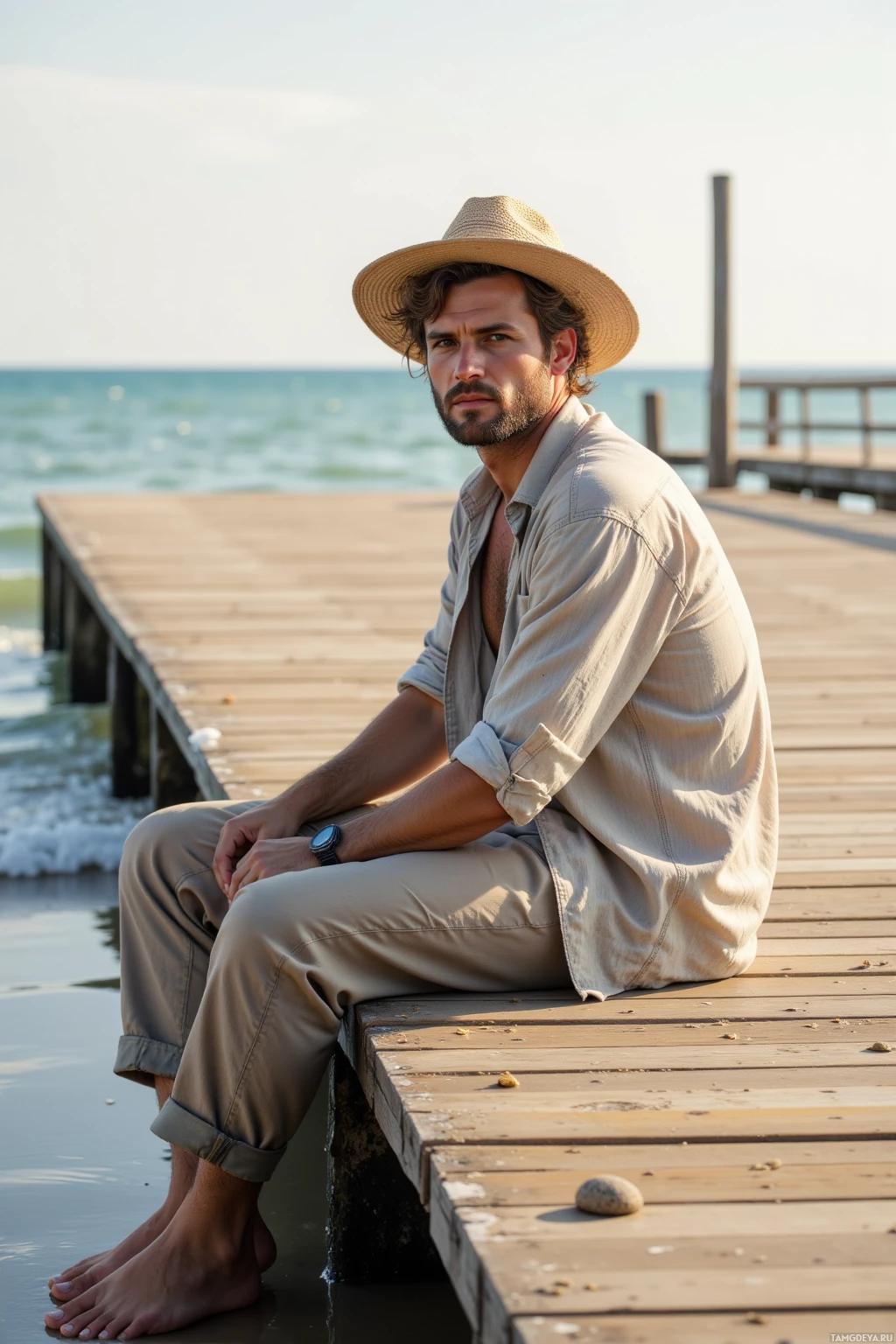 A man sits barefoot on a wooden dock by the sea, wearing a straw hat and light-colored clothing.