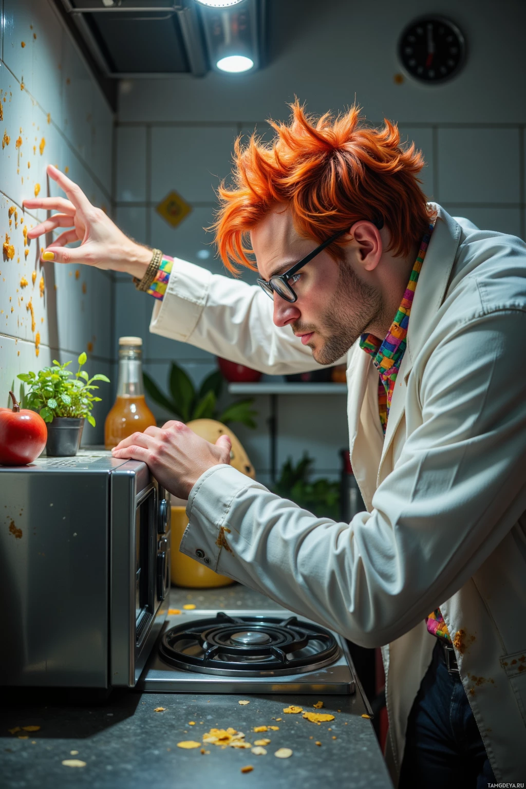 A person with bright orange hair leans over a kitchen counter, reaching towards a microwave.