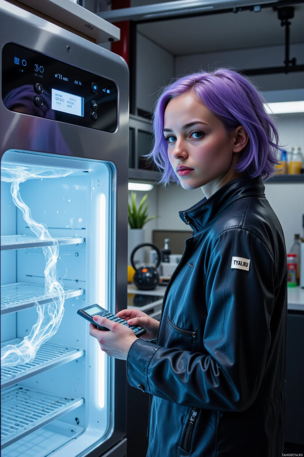 A person with purple hair stands in front of an open refrigerator holding a device.