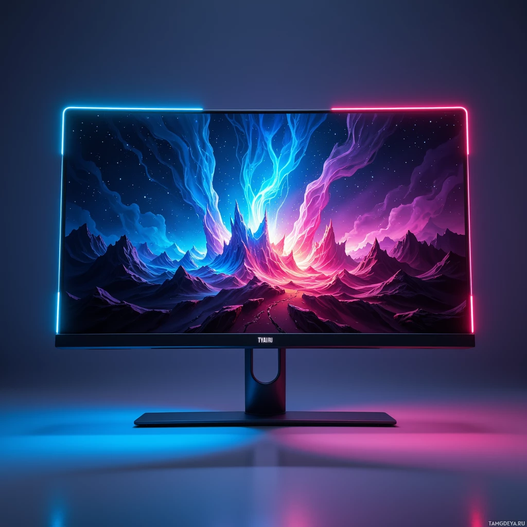 A monitor displays a vibrant, futuristic landscape with glowing neon borders.