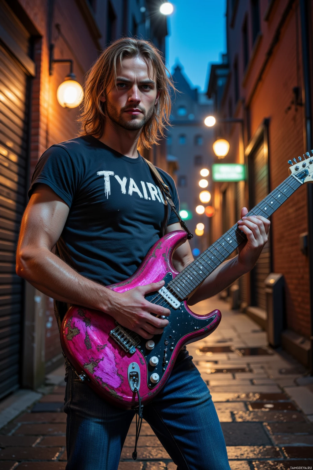 A person stands in an alleyway at dusk, holding a pink electric guitar and wearing a black t-shirt with "TYAIR" printed on it.