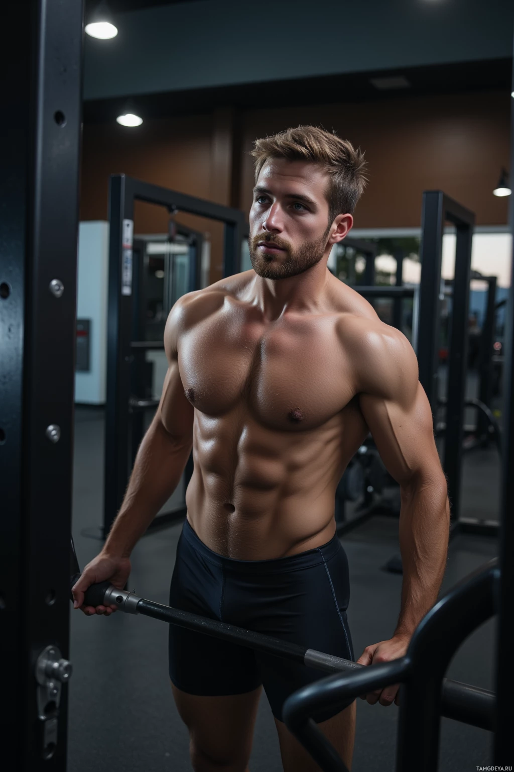 A muscular individual is working out in a gym setting.