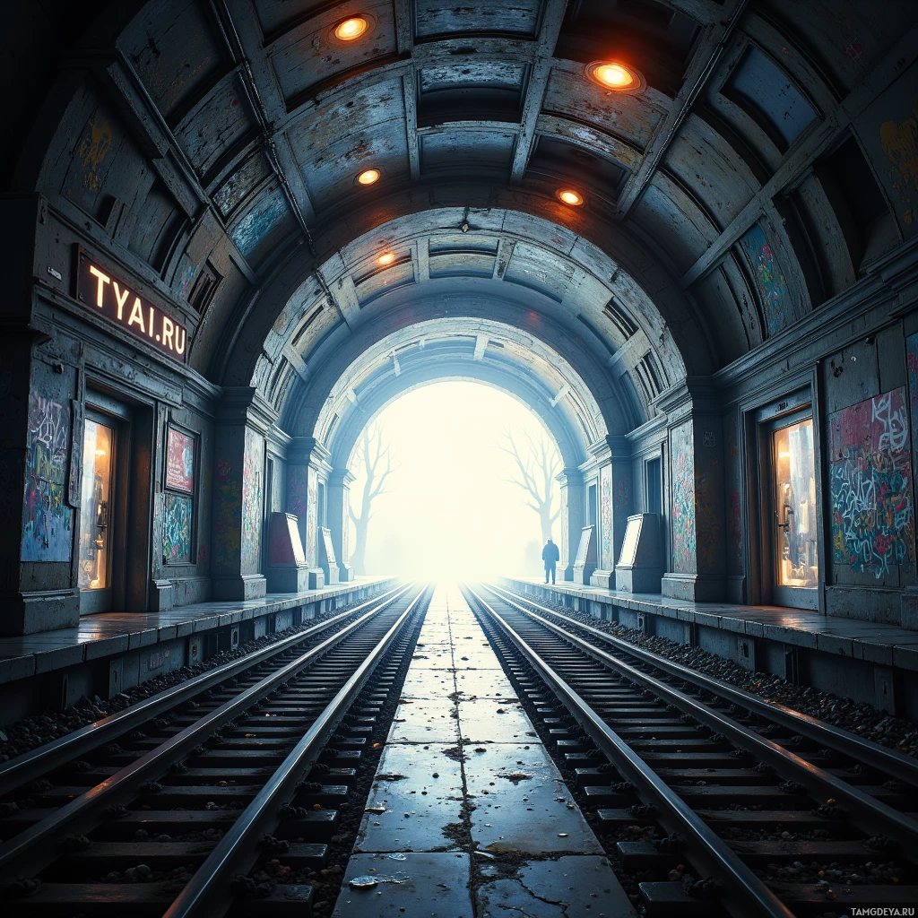 A train station platform with tracks leading into a bright light at the end.