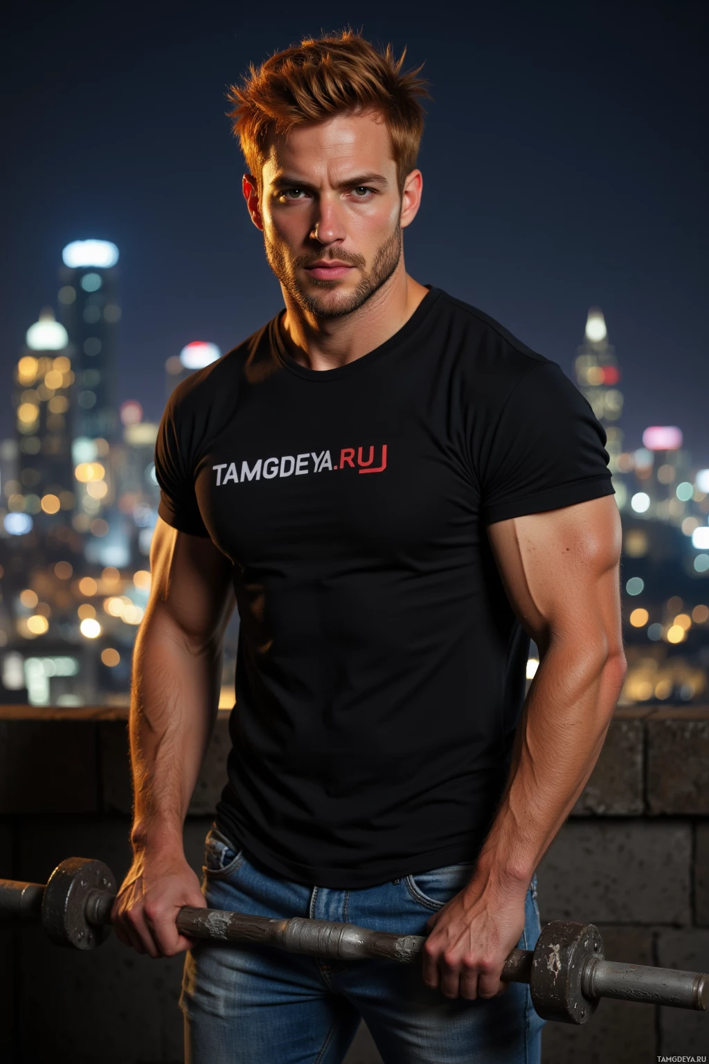 A muscular individual wearing a black T-shirt stands outdoors at night, holding a barbell.