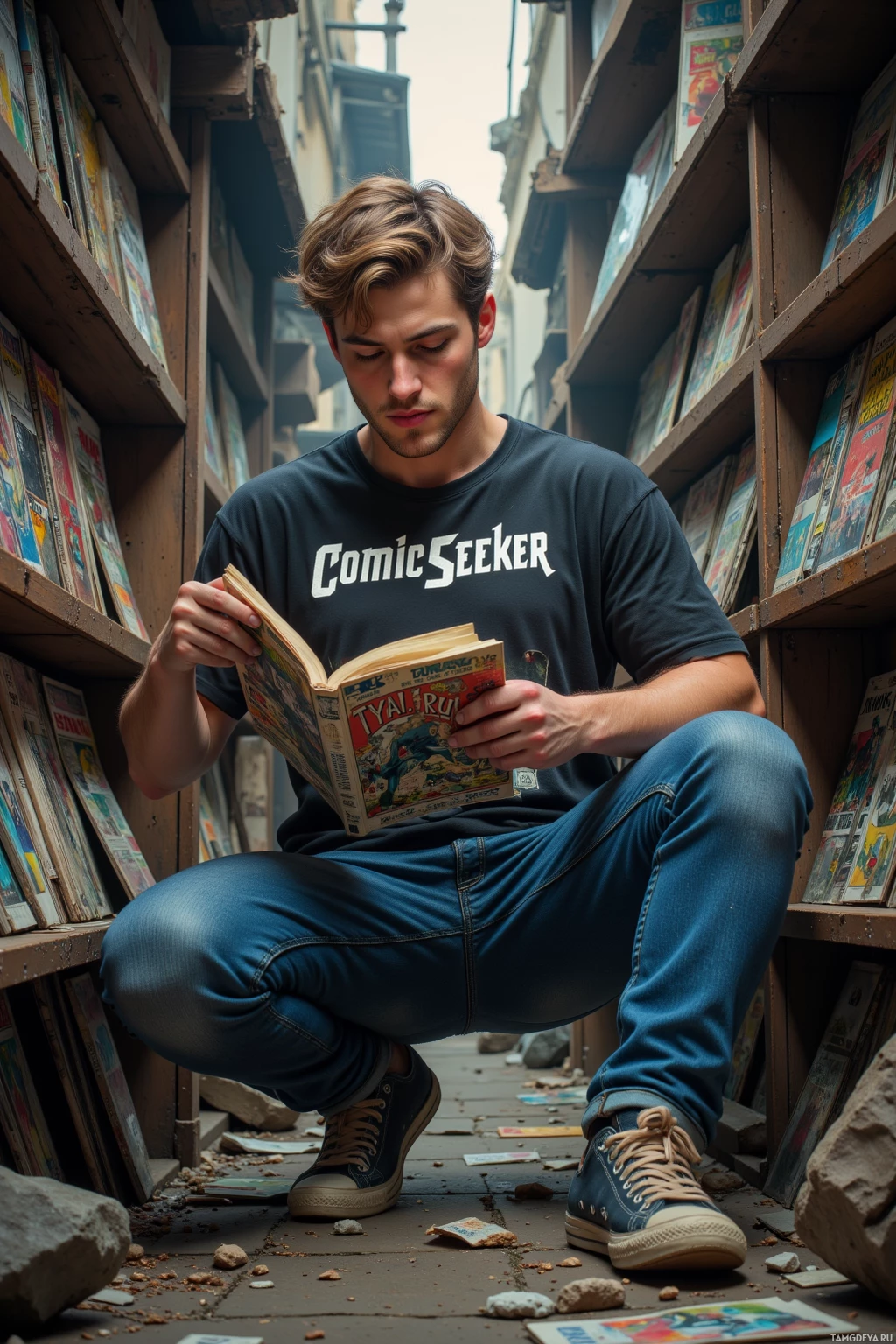 A person wearing a "Comic Seeker" t-shirt is crouching and reading a comic book in a narrow alleyway.