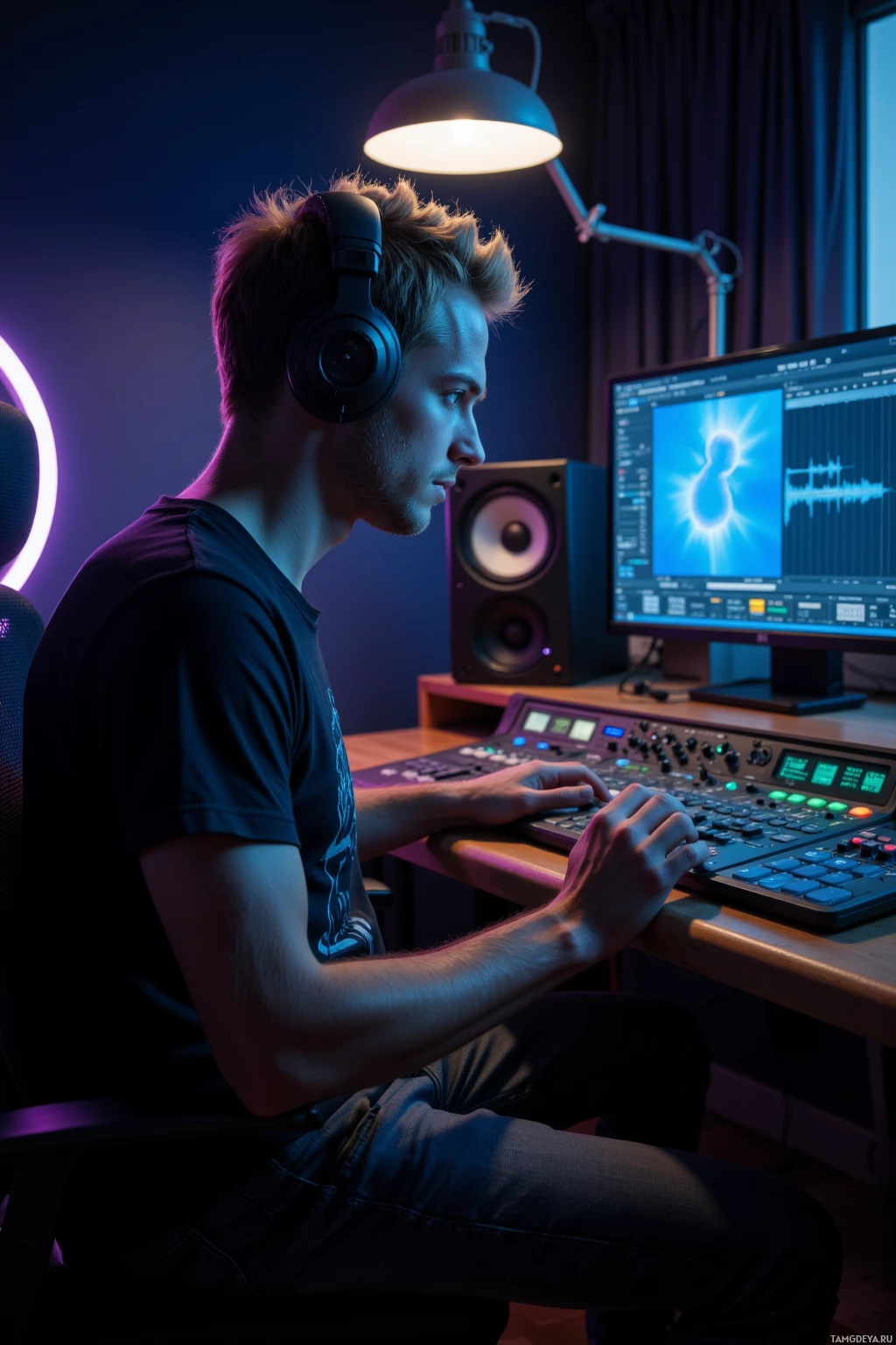 A person is working in a dimly lit studio with audio equipment and a computer displaying sound waveforms.