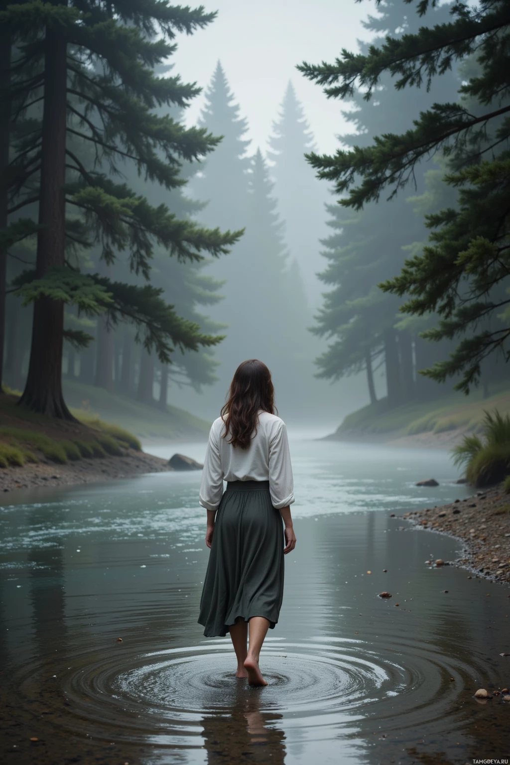 A person stands barefoot in shallow water, surrounded by misty evergreen trees.