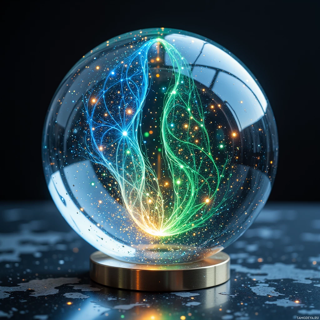 A glowing sphere with intricate blue and green light patterns inside is displayed on a metallic stand against a dark background.