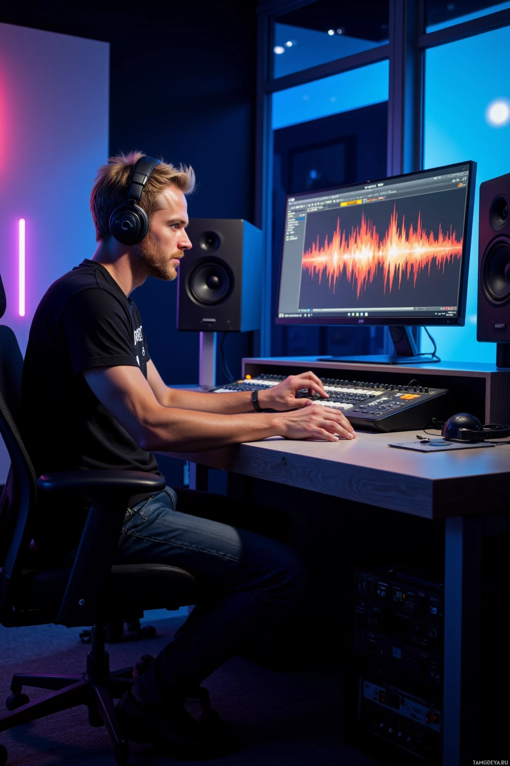 A person is working in a recording studio with audio equipment and a computer displaying an audio waveform.