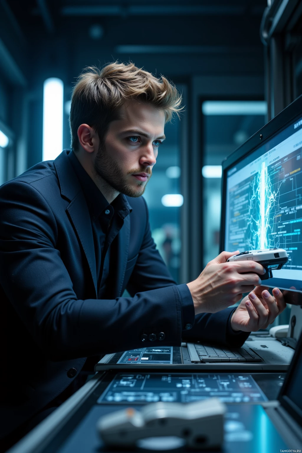 A person in a suit is focused on a computer screen displaying a map and data.