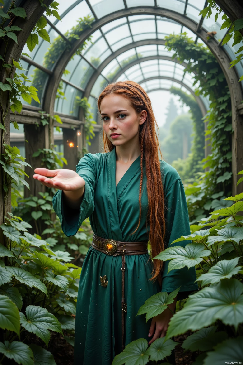A person in a green dress stands in a lush, leafy environment with a glass-arched structure in the background.