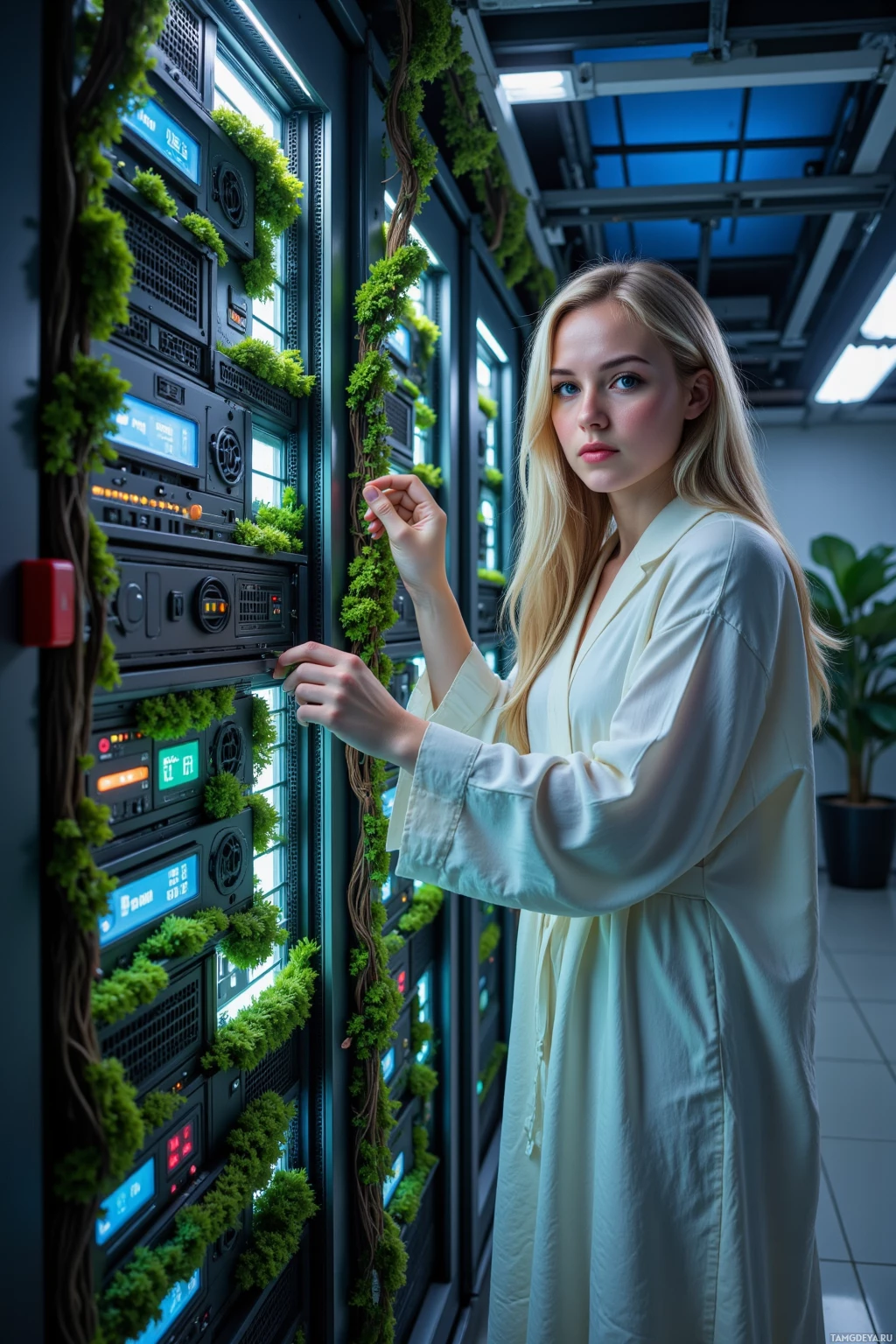 A person in a lab coat interacts with server racks adorned with greenery in a tech environment.