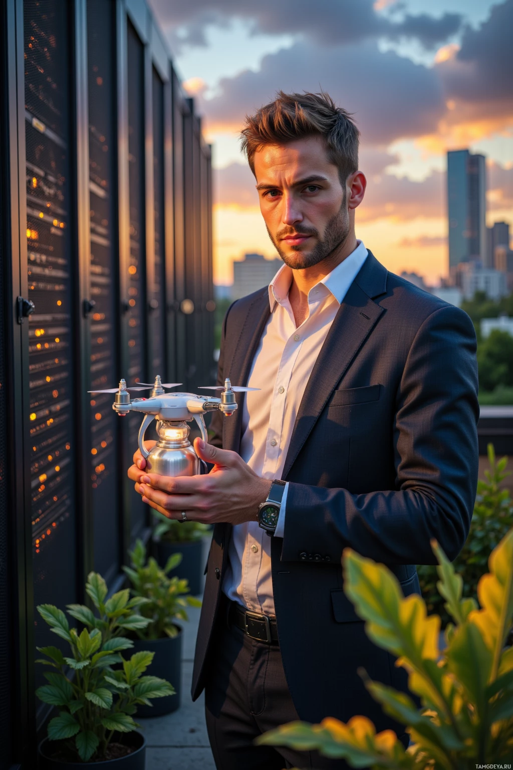 A man in a suit holds a drone with a metallic container attached, standing outdoors near server racks and plants.