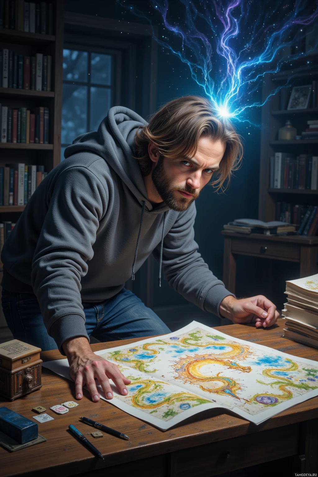 A person leans over a desk with colorful artwork, surrounded by books and a glowing effect above their head.