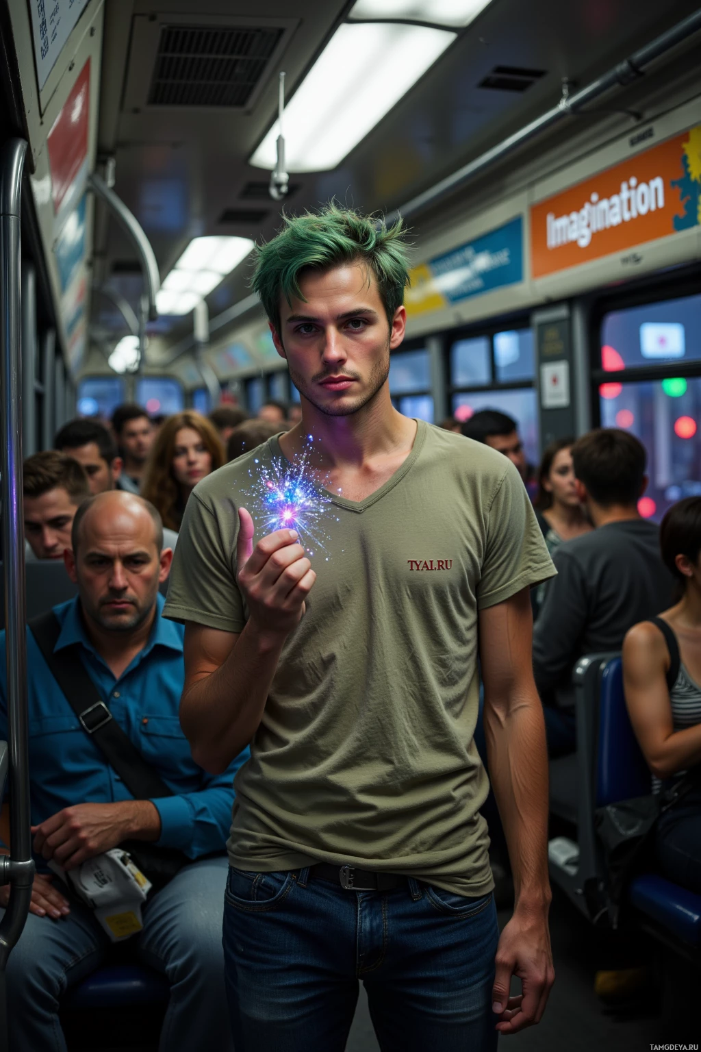 A person with green hair holds a glowing object in a crowded subway car.