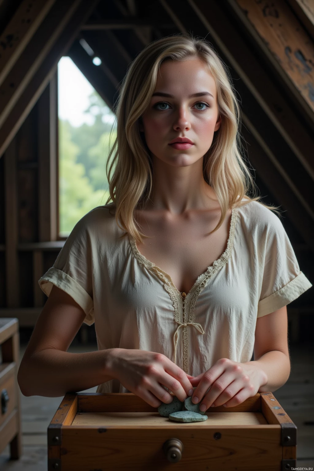 A person with blonde hair wearing a light-colored top is holding stones in front of a wooden box.