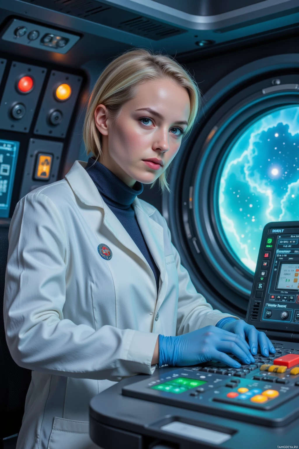A person in a lab coat and gloves is operating a control panel in a futuristic setting.