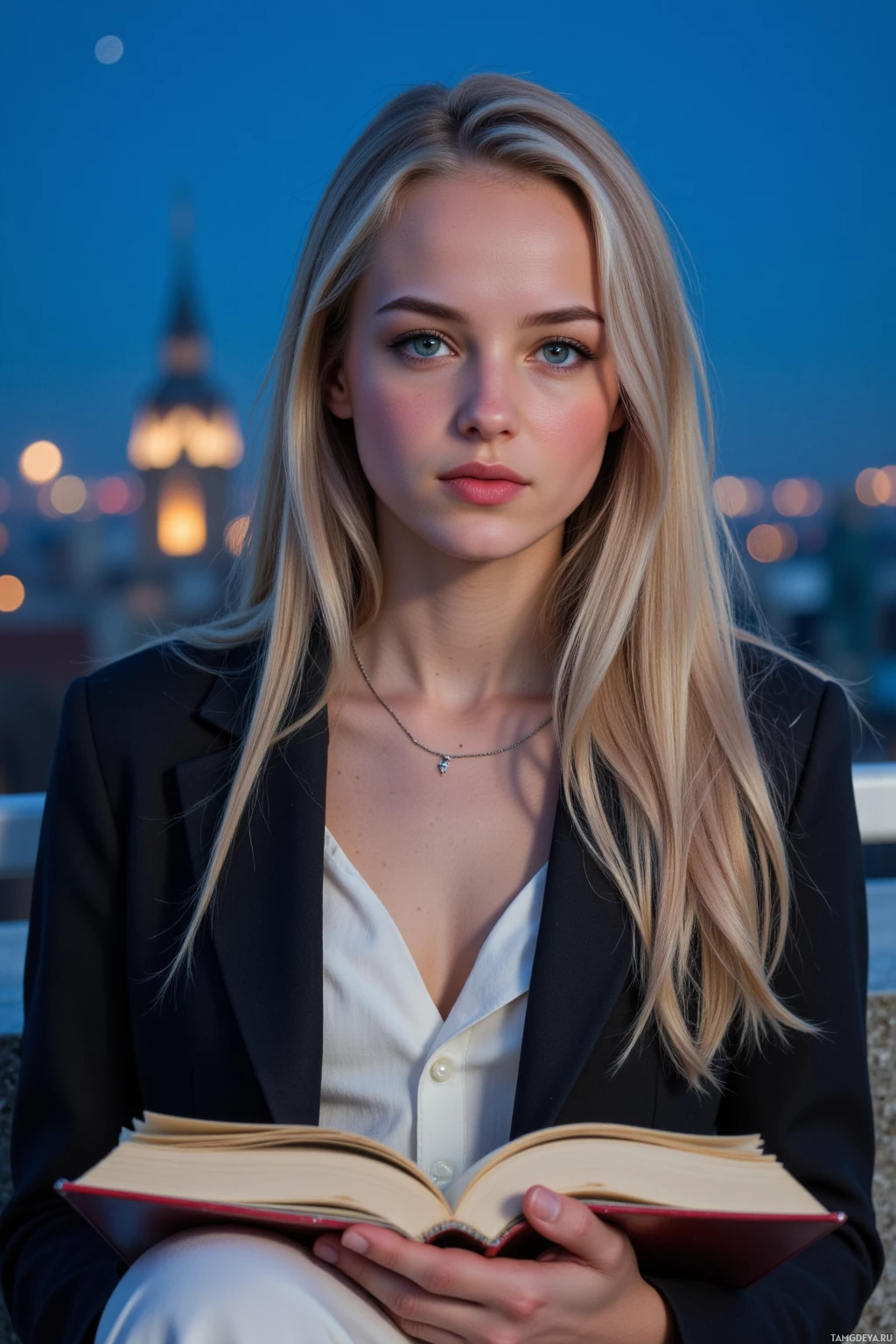 A woman with long blonde hair wearing a black blazer and white shirt holds an open book, with a cityscape and a moon in the background.