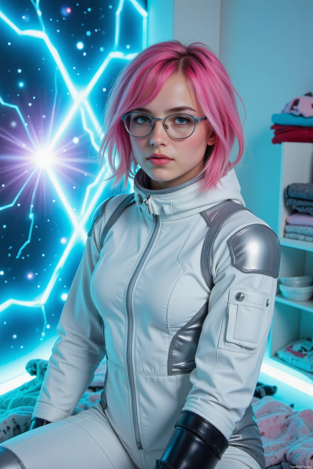 A person with pink hair and glasses poses in a futuristic outfit against a neon-lit background.