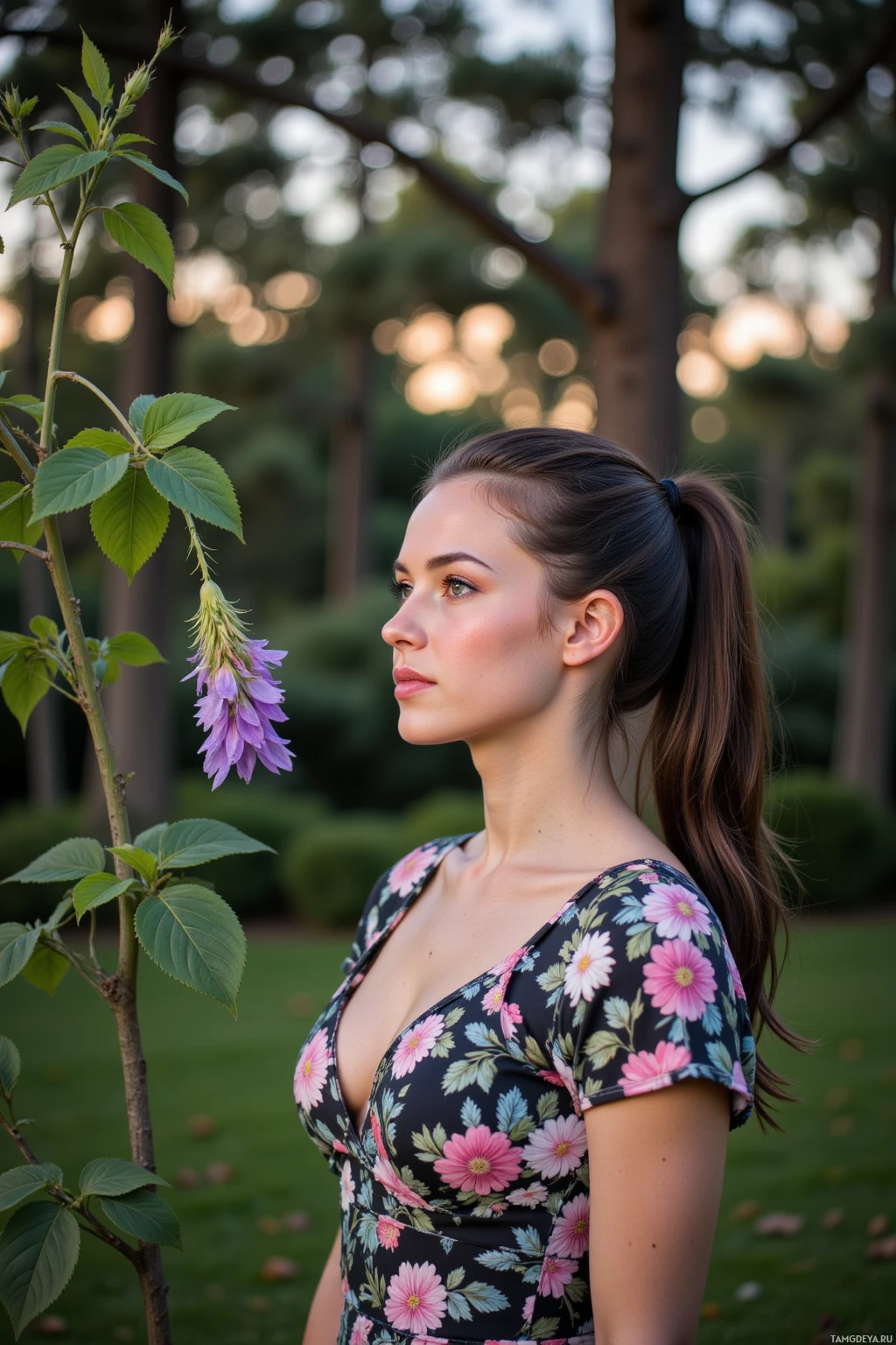 A woman in a floral dress stands in a garden with a plant in the foreground.