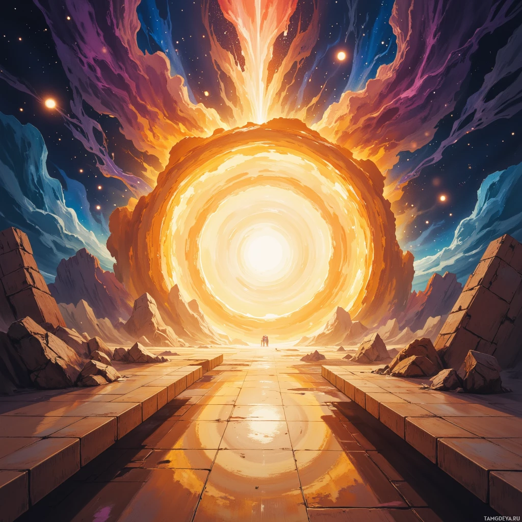 A vibrant cosmic scene with a glowing portal surrounded by rocky terrain and a starry sky.