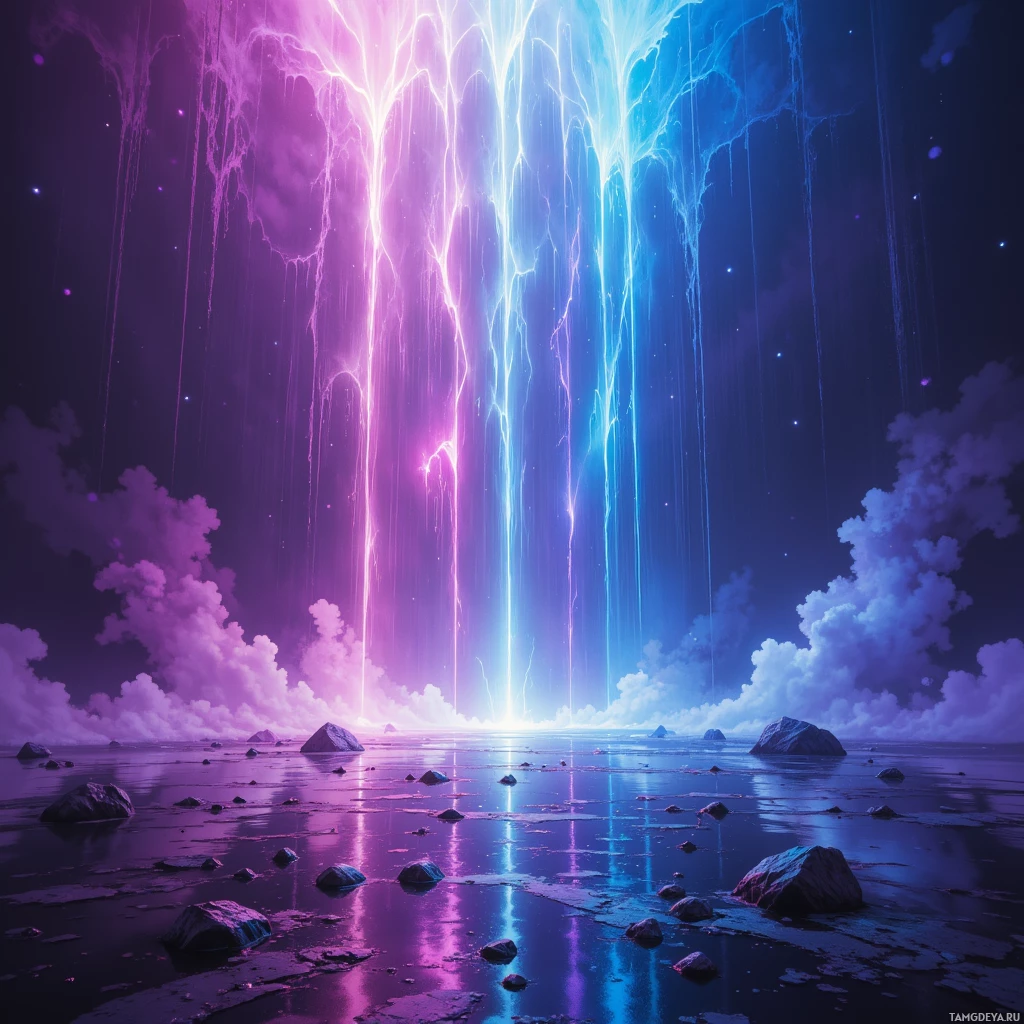 A surreal landscape featuring vibrant, cascading light beams in pink and blue, reflecting on a calm body of water with scattered rocks and clouds in the background.
