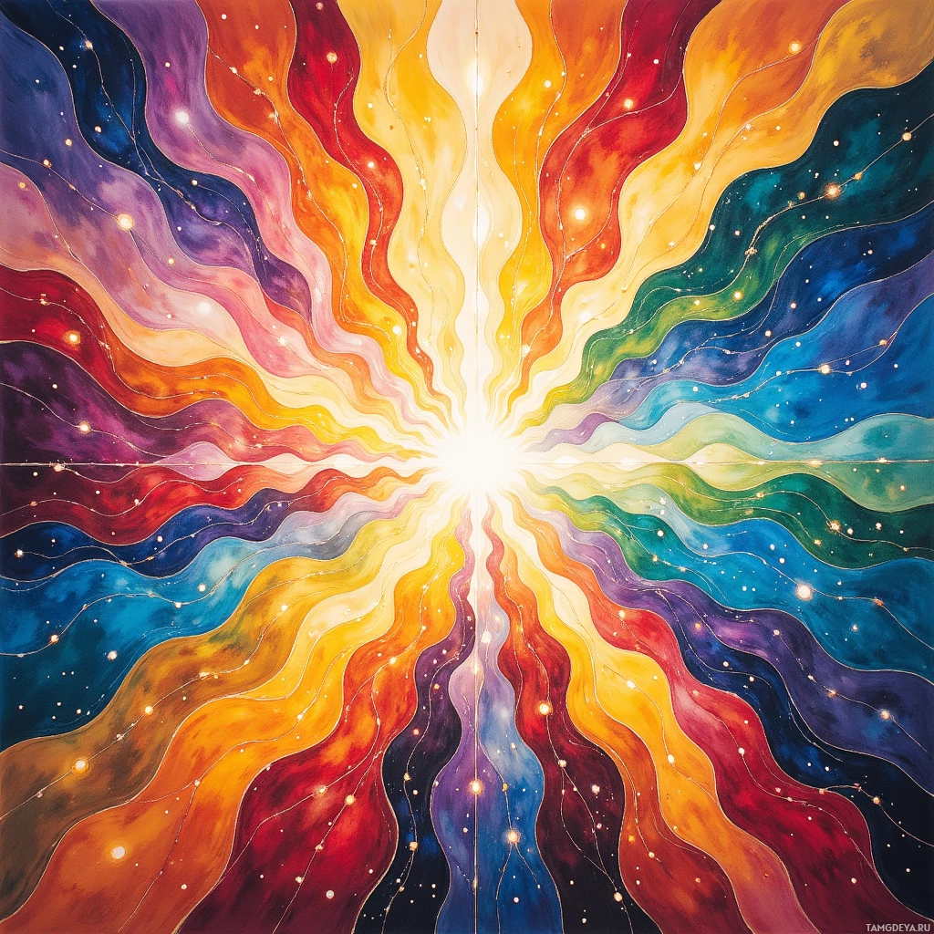 A vibrant, abstract painting featuring radiating waves of rainbow colors converging towards a bright center.