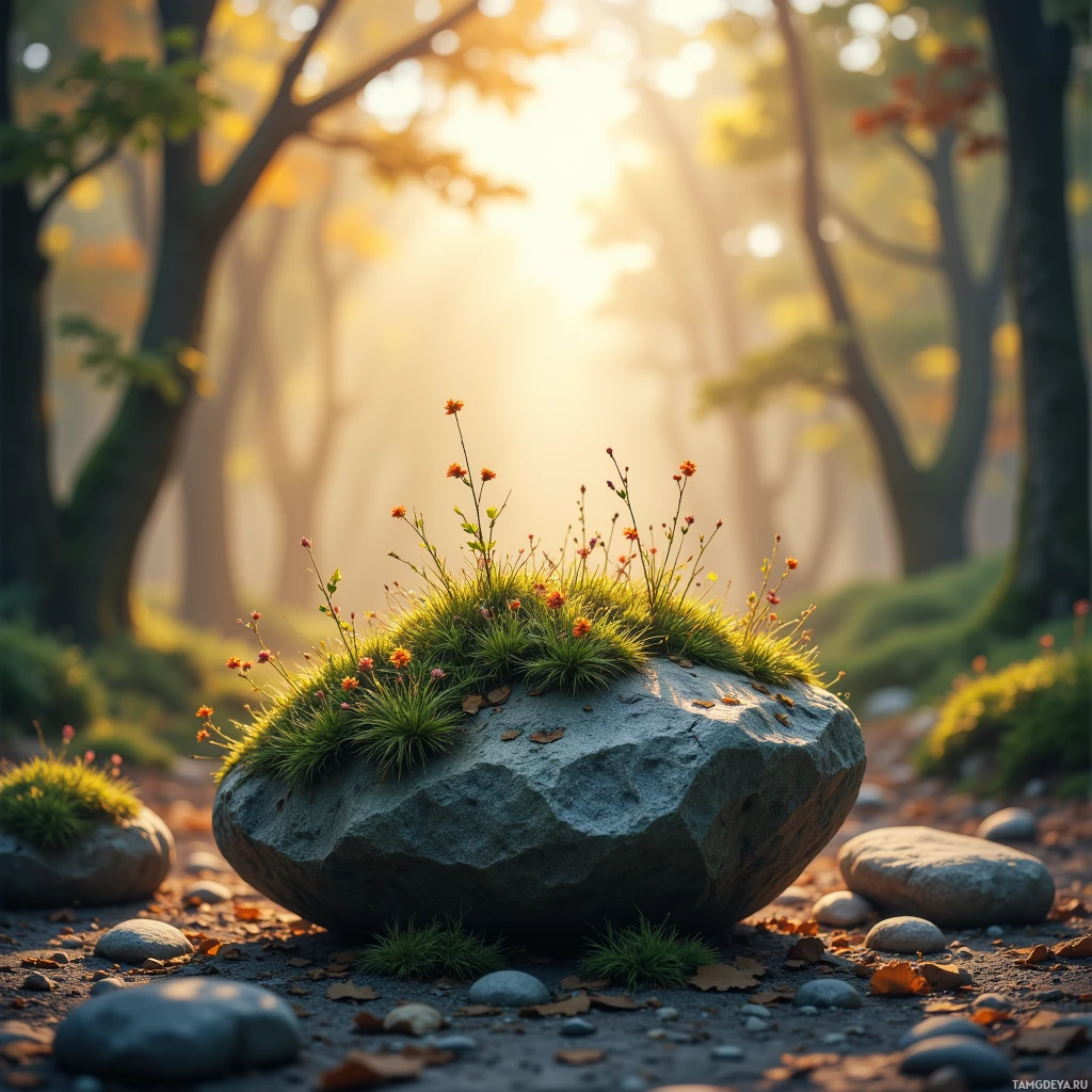 A serene forest scene with sunlight filtering through trees, a large rock adorned with green moss and small flowers in the foreground.