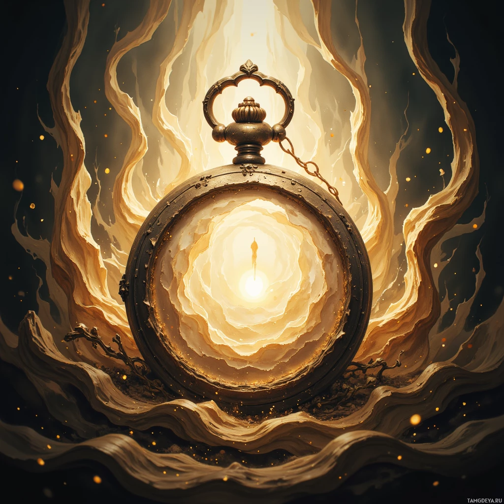 A glowing pocket watch surrounded by swirling light and particles.