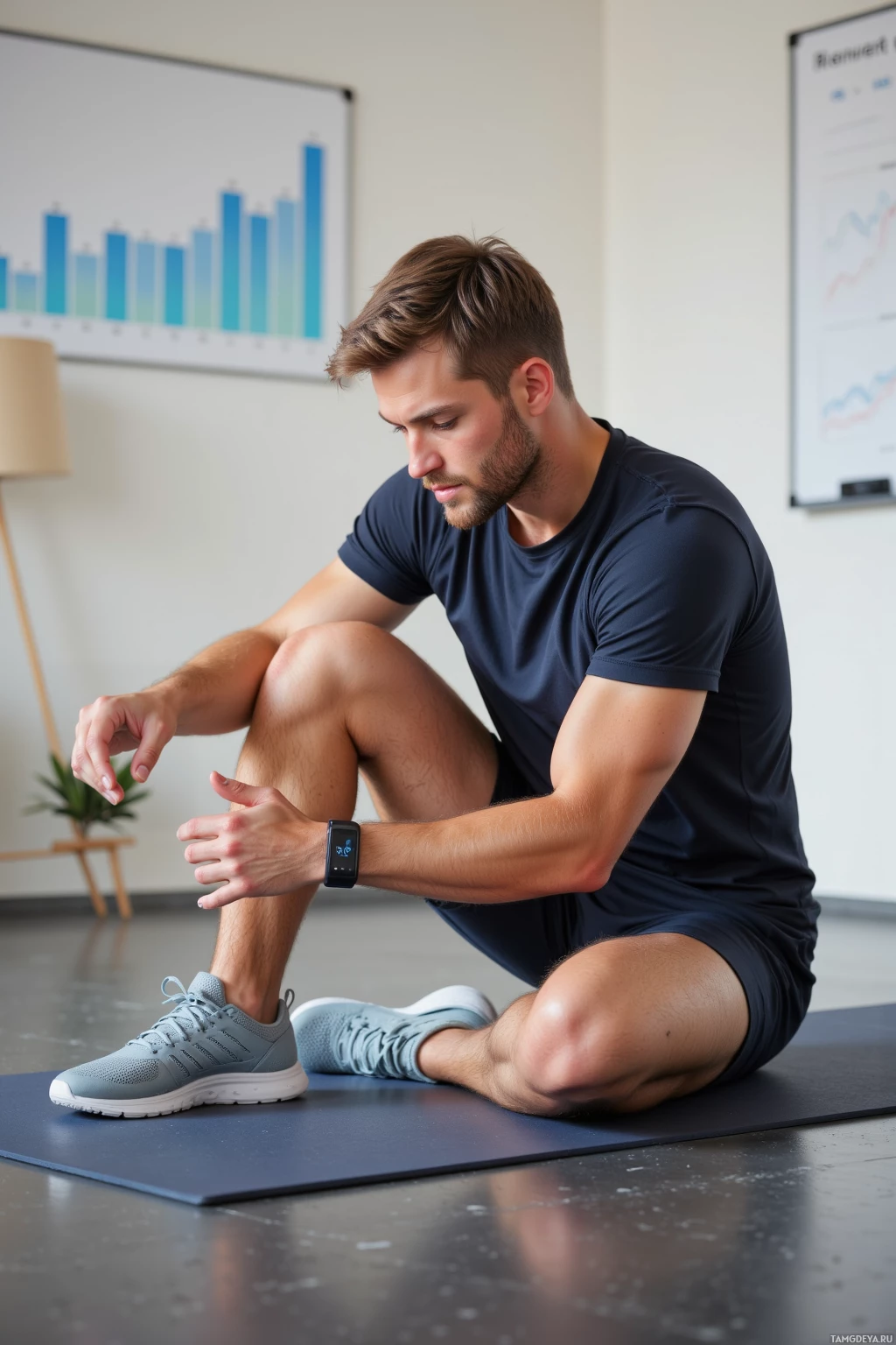 A man in athletic attire sits on a yoga mat, checking his smartwatch.