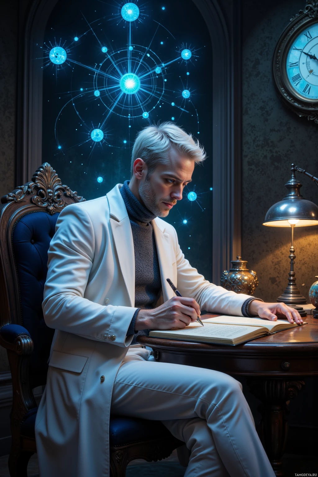 A man in a white suit sits at a desk, writing in a notebook under a lamp, with a glowing, abstract pattern on the wall behind him.