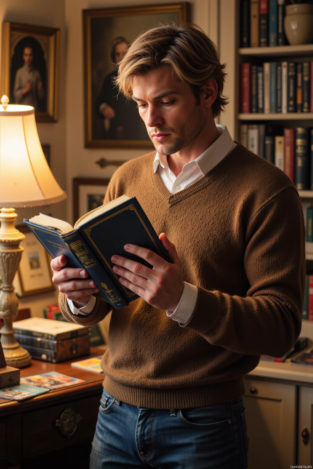 A man in a brown sweater reads a book in a room with bookshelves and framed portraits.