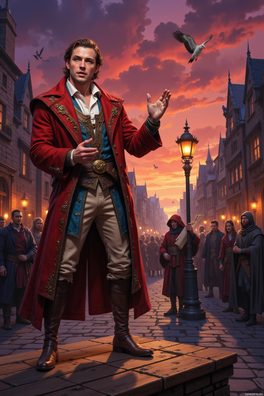 A man in a red coat stands on a wooden platform in a medieval town square, gesturing as birds fly overhead.